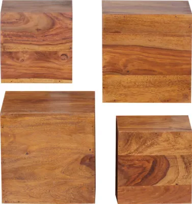 A collage of four images showing different sides of wooden cube-shaped shelves.