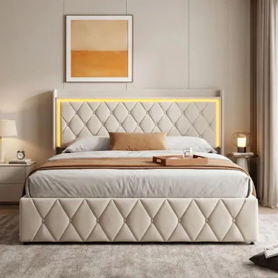 Produktbild von INONEFT Polsterbett Boxspringbett 140x190 cm mit LED & USB-Ladefunktion, Jugendbett Doppelbett mit Lattenrost,Hydraulisches  Stauraumbett, Samt, Beige
