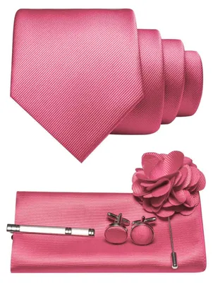 Produktbild von Herren Krawatten-Set Twill einfarbig Rosa mit Pocket Square Manschettenknöpfen Krawattenklemme Brosche Polyester 148x8cm