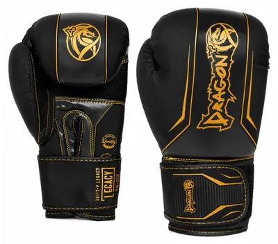 Obrázok produktu pre Dragon Legacy: Profesionálne boxerské a kickboxerské rukavice, k dispozícii vo veľkostiach 10, 12, 14 a 16 oz. Vyrobené z kvalitnej syntetickej kože, čierno-biele. Ergonomická ochrana vhodná pre Muay Thai, MMA a sparing, pre dámy aj pánov. (Čierna, 16 oz)