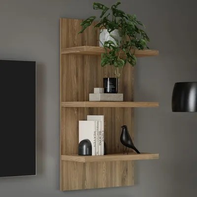 Produktbild von Forte LEWISVILLE Wandregal 60, modernes Wandpaneel mit 3 Regalböden, Holzwerkstoff, Wohnzimmer, Valenica Eiche Holzdekor, 60 cm breit x 125 cm hoch x 29,6 cm tief