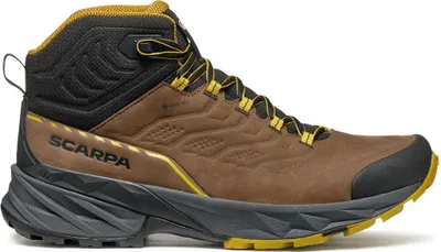 Rush 2 Pro Mid GTX Fast Hiking Schuhe für Herren von Scarpa in Braun und Schwarz mit gelben Akzenten.