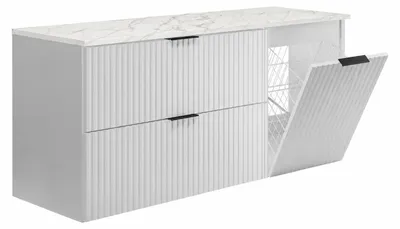 Immagine prodotto di Set di mobili da bagno con cesto per la biancheria e piano, maniglie nere, colore bianco/effetto marmo bianco, dimensioni 120 x 46 x 57 cm