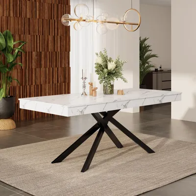 Produktbild von Ausziehbarer Esstisch 140–180 x 80 cm, 93 mm starke Tischplatte aus MDF, gekreuzte Metallbeine, bis 60 kg belastbar, für 6–8 Personen, Weiß
