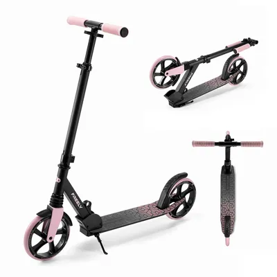 A collage of three images showing a pink and black children's scooter from different angles.