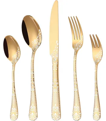Imagen del producto de Juego de cubiertos de acero inoxidable dorado, para 6 personas, con tenedor y cuchara, de 30 piezas