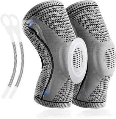 Produktbild von Famanu Kniebandage mit Patella-Gelpolster und seitlichen Stabilisatoren - Knieschutz für Sport - grau XL