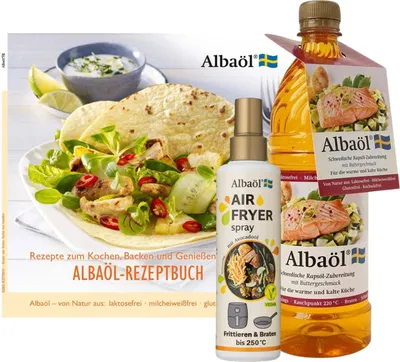 Immagine prodotto di Olio Alba - Ricettario "Ricette per cucinare, preparare dolci e gustare"  + Spray per friggitrice ad aria, flacone da 190 ml + Olio Alba, flacone da 750 ml