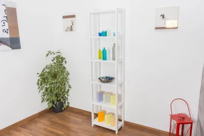 A white shelving unit filled with decorative items and a plant in a corner of a room.