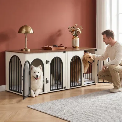 Produktbild von 180 cm Hundekäfig Möbel für 2 Hunde, Hundebox Kissen, Weiß Braun | Doppel-Hundebox aus Holz mit Trennwand, Hundekäfig-Beistelltisch