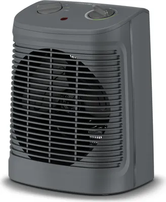 A gray portable electric heater with a fan.