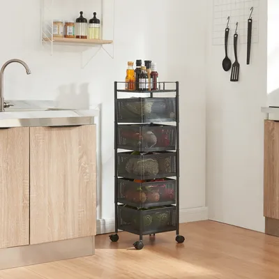 A kitchen scene with a rolling cart filled with vegetables.
