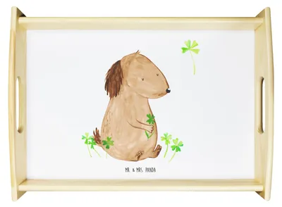 Produktbild von Mr. & Mrs. Panda betttablett Hund Kleeblatt - Weiß - Geschenk, Serviertablett, sofatablett, Viel Glück, Deko Tablett, Sprüche, Servier, Glücksbringer, Holztablett