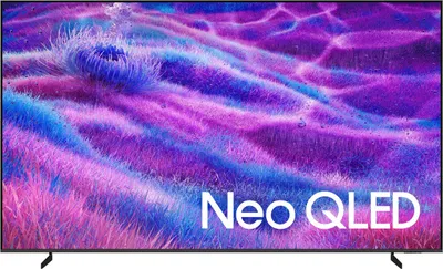 A television screen displaying a colorful, abstract image with the text 'Neo QLED' overlaid.