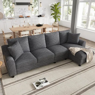 Produktbild von Chenille L-Form Sofa 3-Sitzer + Chaiselongue Ecksofa Chaiselongue mit aufklappbarem Stauraum klappbare Rückenlehne mit Getränkehaltern
