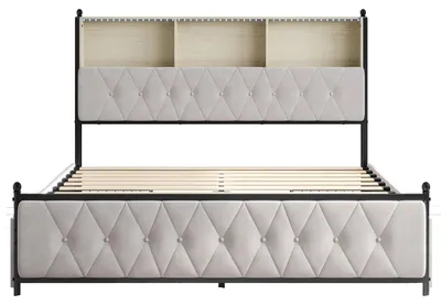 Produktbild von Polsterbettgestell aus Samt - Doppelbett 180×200 cm - Mit 4 Schubladen - Kopfteil mit Stauraum - Holz- & Metallrahmen - Modernes Design - Ohne Matratze
