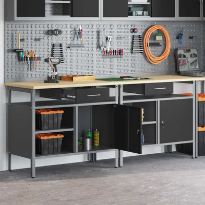 Produktbild von vidaXL Werkbank-Set mit Regal 2 pcs Schwarz und Grau 200 x 55 x 85 cm