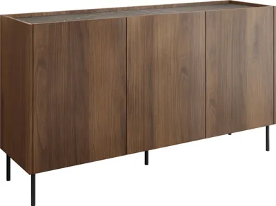 A wooden sideboard with three doors and black legs on a white background.