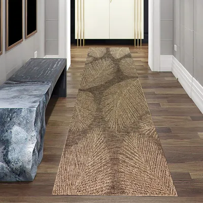 Produktbild von Hochwertiger In- und Outdoorteppich wetterfest im Blättermuster in Beige Braun Größe - 80 x 250 cm
