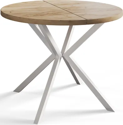 A round dining table with a wooden top and white metal legs, presented on a white background.