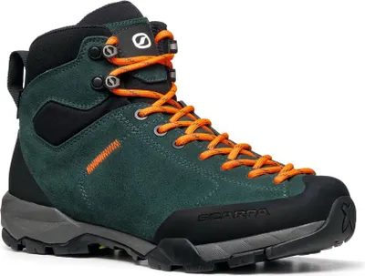 Damen Wanderschuhe "Mojito Hike GTX Wmn" von Scarpa in grün mit orangefarbenen Schnürsenkeln.