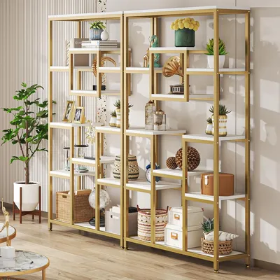 Image de Bibliothèque de 180 cm de hauteur, avec des accents dorés, composée de 11 compartiments, au design géométrique cubique ouvert, idéale pour le salon et le bureau