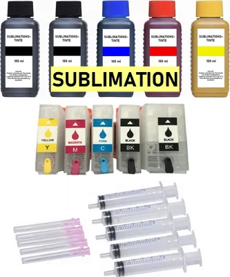 A collection of sublimation ink bottles, ink cartridges, and syringes.