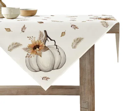 Obrázok produktu pre Obrus, behúň na stôl, jesenný, dekoratívny, elegantný, s motívom tekvíc, biely, 85 x 85 cm