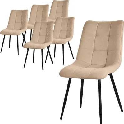 A set of six beige dining chairs with black metal legs are arranged on a white background. One chair is prominently displayed in the foreground, while the other five are visible in the background.