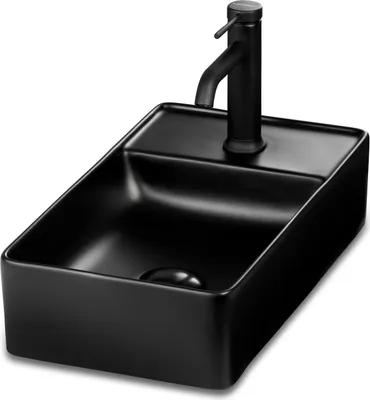 Produktbild von Gäste WC Waschbecken SOHO 2.0 in 46 x 25 cm Keramik für Wandmontage oder Aufsatzwaschbecken mit Hahnloch in Schwarz Matt, Ausführung:Hahnloch Links
