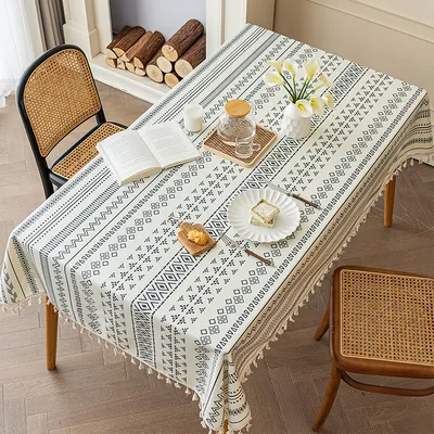 Produktbild von Tischdecke,Boho,Wasserdicht und ölbeständig,120*120cm,Geeignet für normale quadratische Tische,Mit Quasten,Schwarz und Weiß