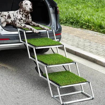 Immagine prodotto di Rampa per auto pieghevole, extra larga, in alluminio, con 5 gradini, superficie antiscivolo in erba sintetica, portata massima 125 kg