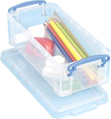A transparent storage box with blue handles, containing colored pencils, a ruler, and an eraser.
