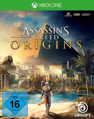 The cover art for the video game Assassin's Creed Origins on Xbox One, featuring a pyramid and ancient Egyptian city.