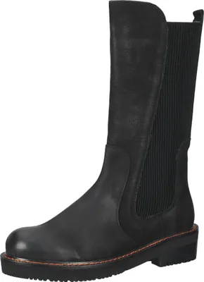 A black leather boot against a white background.
