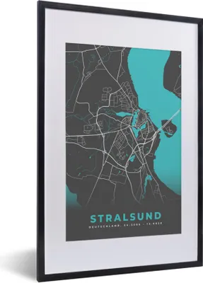 Produktbild von MuchoWow® Gerahmtes Poster Stadtplan - Deutschland - Blau - Stralsund- Karte 40x60 cm - Poster mit Schwarzem Bilderrahmen Wandposter Rahmen Foto Bilder - Poster in Rahmen