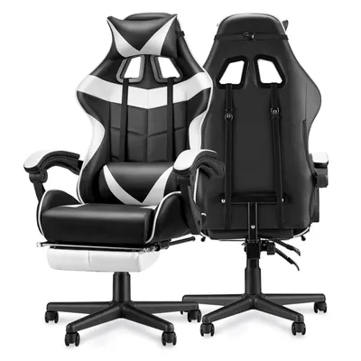 Produktbild von Verdego Gaming-Stuhl mit Klappbarer Fußstütze, Verstellbarer Rückenlehne und Armlehnen, Bürostuhl Ergonomisches Design, PolyurethanKunstleder, Weiß-Schwarz