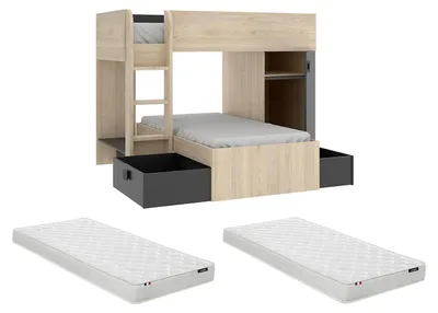 Produktbild von Eck-Etagenbett mit Kleiderschrank und Schubladen - 2 x 90 x 190 cm - Eingebauter Stauraum - Eiche und Anthrazit + Matratze - RICARDO