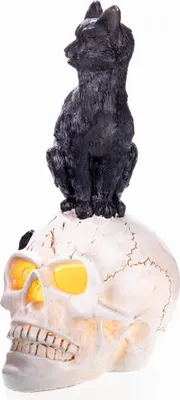 Produktbild von Schwarze Katzenskulptur im gotischen Stil auf einem Totenkopf