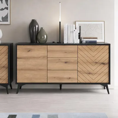 Produktbild von Kommode DIAMOND K2D3SZ Gefräste Front Fischgrätmuster Eiche Evoke Schwarz Matt Metallfüße Schrank Sideboard