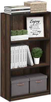 Imagen del producto de Estantería Unyqoos® fabricada con material compuesto de madera, con 3 compartimentos abiertos, acabado en nogal colombiano y color . Estante de almacenamiento compacto ideal para sala de estar, oficina y dormitorio