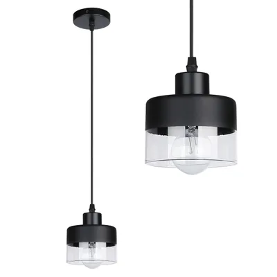 A product shot of a black pendant light with a clear glass shade.