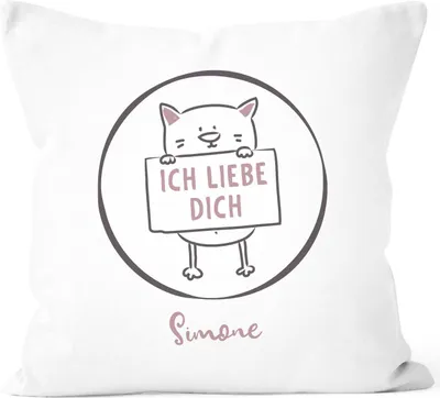 Produktbild von Kissen Ich liebe Dich Spruch personalisierbar Wunschname Katzenmotiv Liebes-Geschenk Freund/in Mann Frau Dekokissen SpecialMe® weiß-rosa unisize