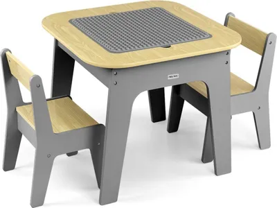 A children's table and chair set with a gray frame and light wood seats and tabletop.