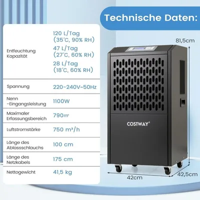 Immagine prodotto di Deumidificatore commerciale, 118 l/giorno, scarico automatico, 4 ruote