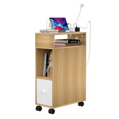 Produktbild von Beistelltisch mit Rädern Nachttisch mit Steckdosen und USB-Anschlüsse für Wohnzimmer Schlafzimmer