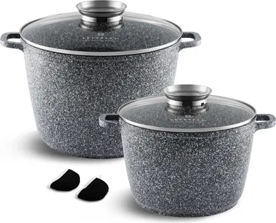 Produktbild von Graues Topfset 4tlg, Großer Topf, Kompotttopf Suppentopf, Kochtopf, Steinbeschichtung, Induktionstöpfe, Glasdeckel (6.2L / 10.0L)