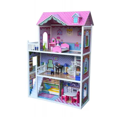 Zdjęcie produktu dla 4iQ Duży drewniany domek dla lalek JULIA 84x34,5x124 cm z akcesoriami