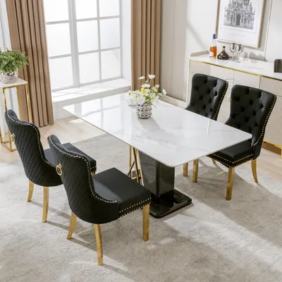 Immagine prodotto di Sedia da pranzo MODFU, set di 4 pezzi con dettagli unici a forma di anello sul retro, in velluto nero/oro (4 pezzi)