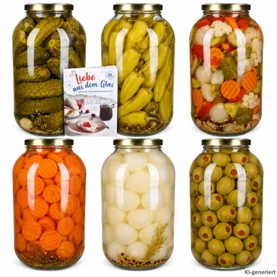 Produktbild von 6er Set Einmachglas 4,25L Vorratsglas TO100 Deckel gold Rezeptheft